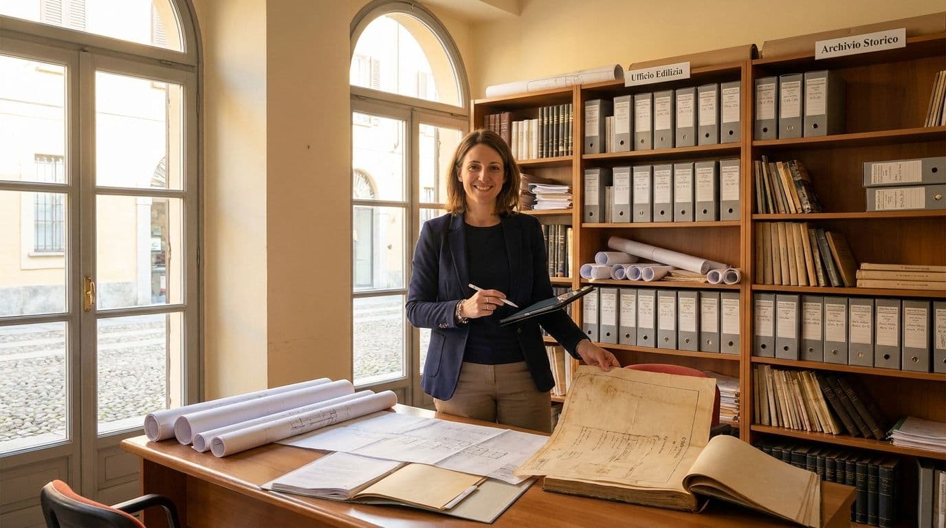 Tecnica sorridente consulta le pratiche edilizie d'archivio per l'accesso agli atti a Pavia