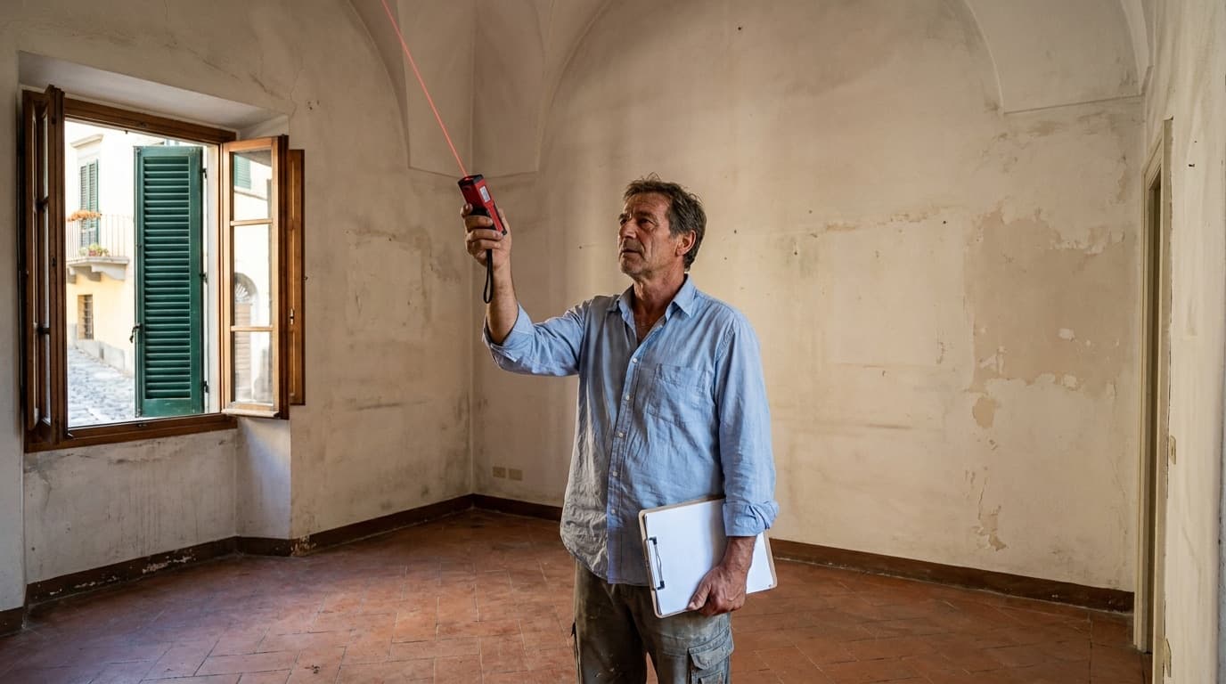 Tecnico misura l'altezza del soffitto con un metro laser in una stanza vuota di un vecchio appartamento con pavimento in cotto
