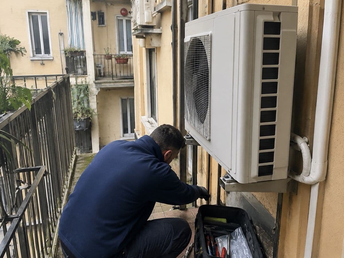 Tecnico verifica un impianto esterno durante sopralluogo APE a Milano per certificazione energetica CENED