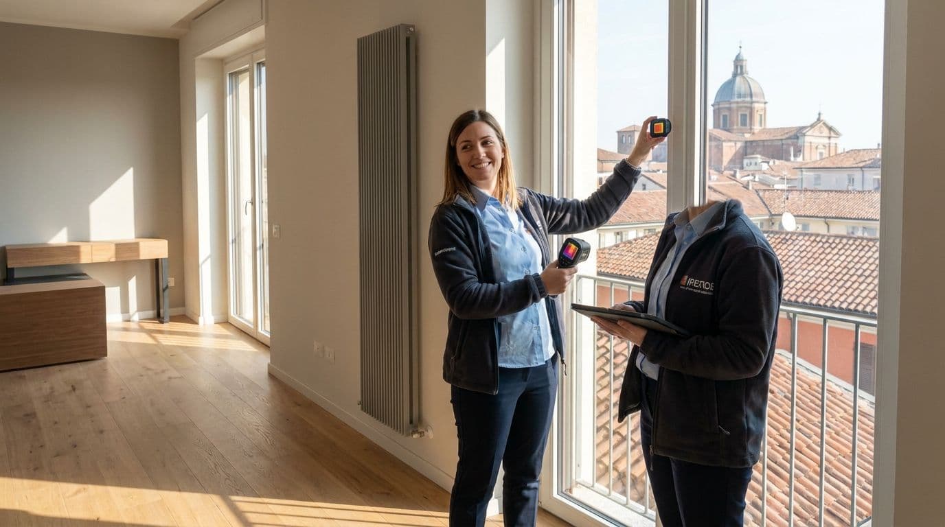 Tecnica certificatrice energetica sorridente durante un sopralluogo per l'APE in un appartamento a Pavia, con vista sul centro storico