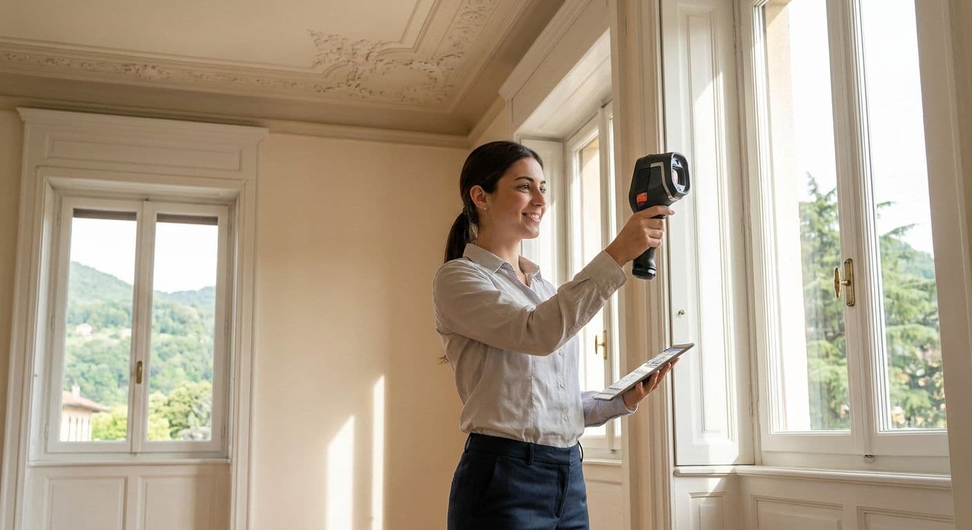 Tecnica certificatrice energetica sorridente durante un sopralluogo per l'APE in un appartamento in stile liberty a Varese, con colline verdi sullo sfondo