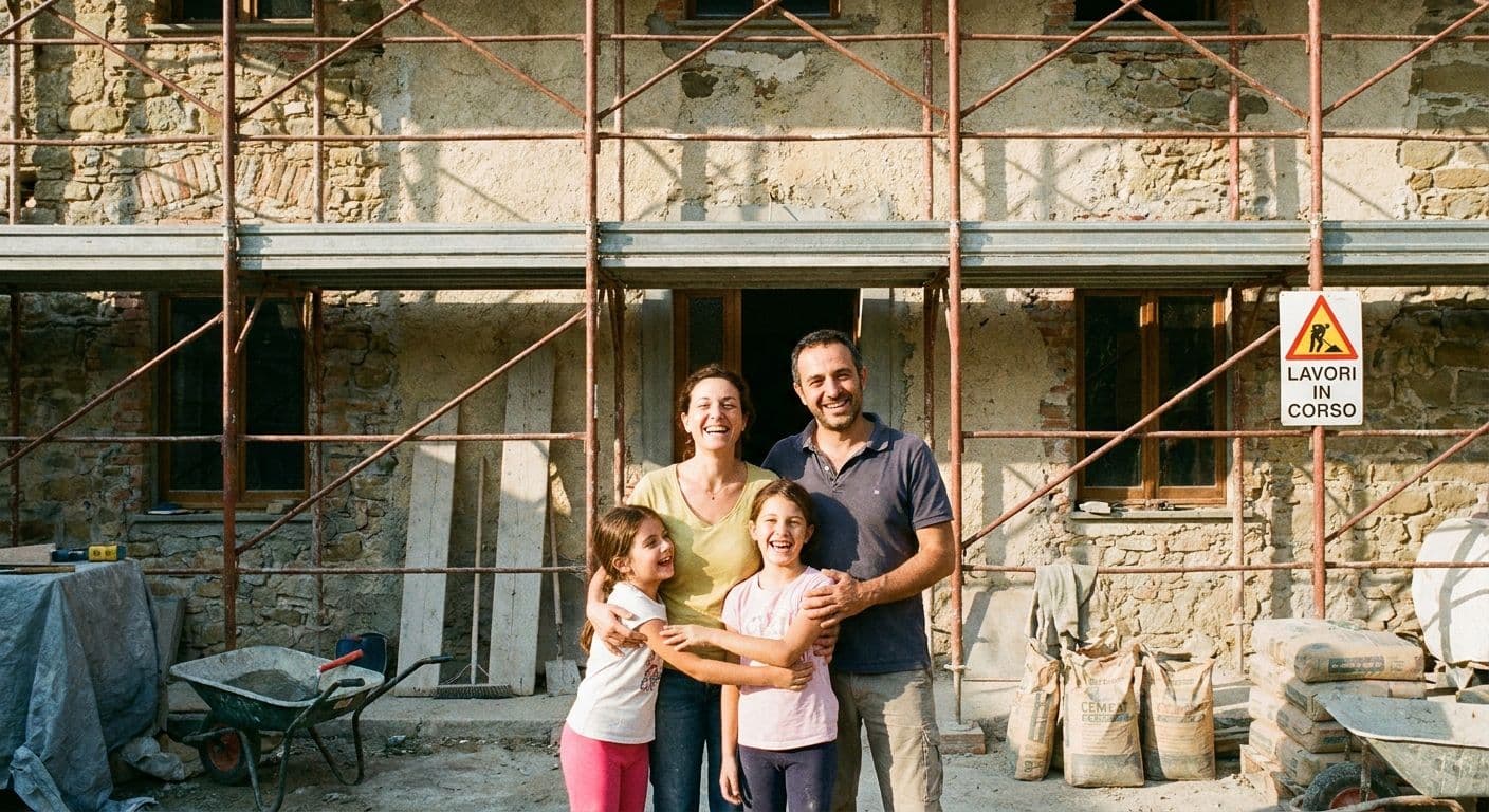 Famiglia con due bambine sorride davanti alla casa in pietra in ristrutturazione, tra ponteggi, cartello lavori in corso e sacchi di cemento