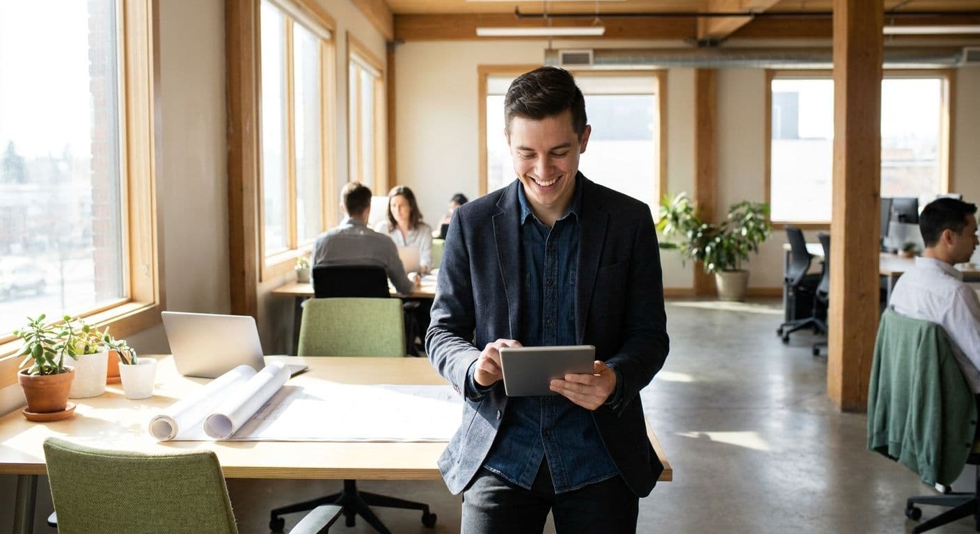Geometra giovane e sorridente guarda soddisfatto un tablet con una nuova richiesta di lavoro, in uno studio tecnico luminoso con planimetrie sul tavolo