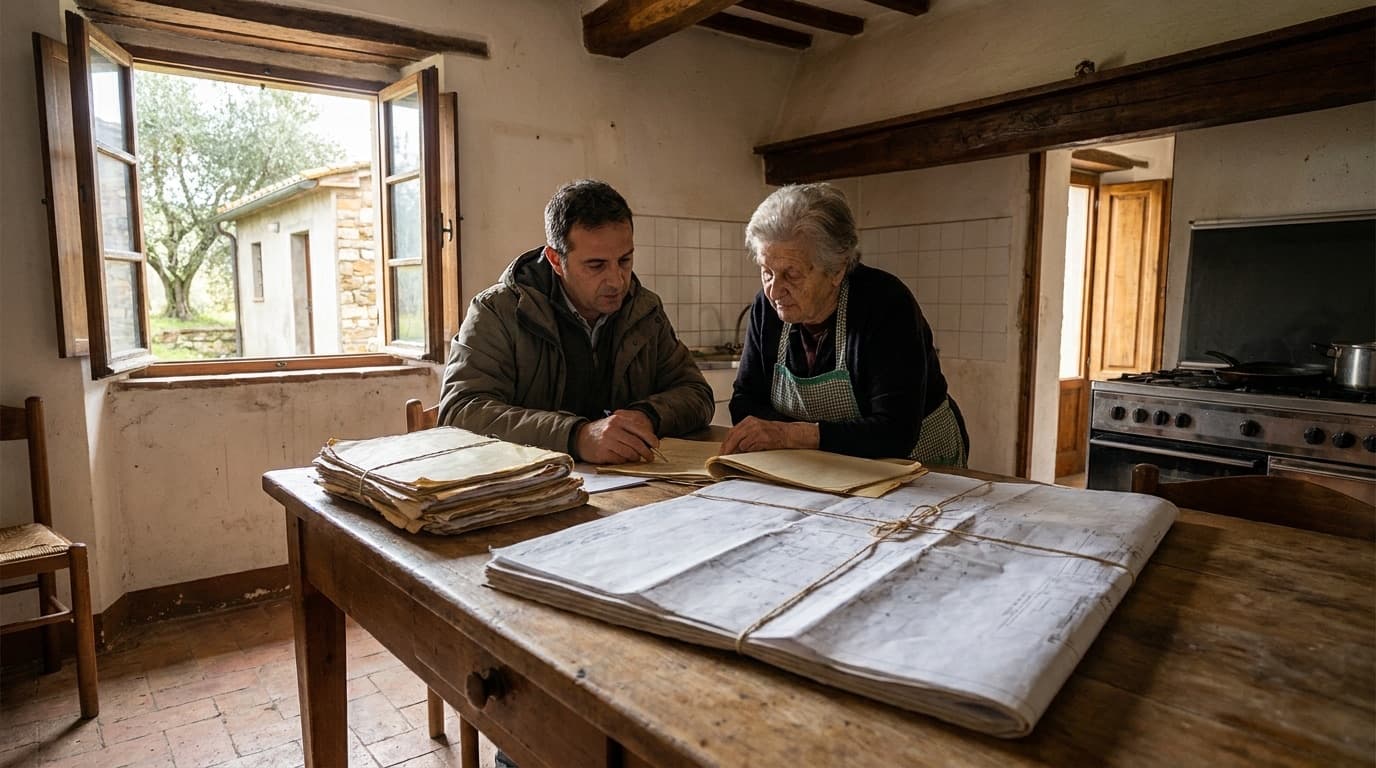 Geometra e anziana proprietaria esaminano vecchie pratiche edilizie legate con lo spago sul tavolo di legno di una cucina di campagna