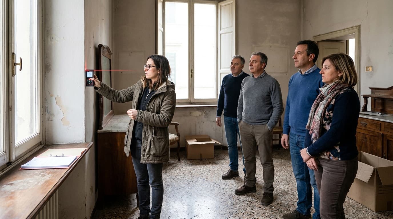 Tecnica misura una parete con il metro laser in un appartamento d'epoca con pavimento alla veneziana mentre quattro acquirenti osservano