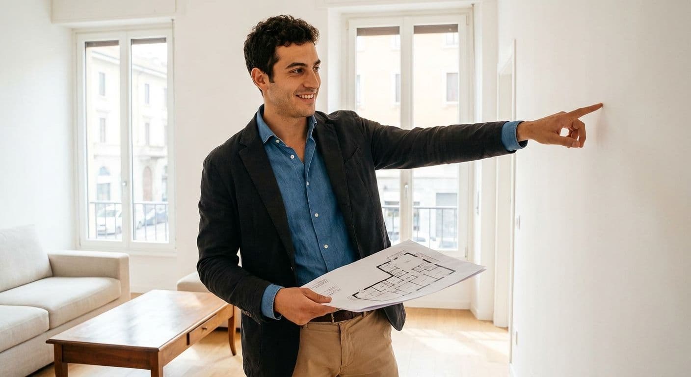 Geometra giovane e sorridente confronta la planimetria catastale con lo stato reale di un appartamento durante un sopralluogo