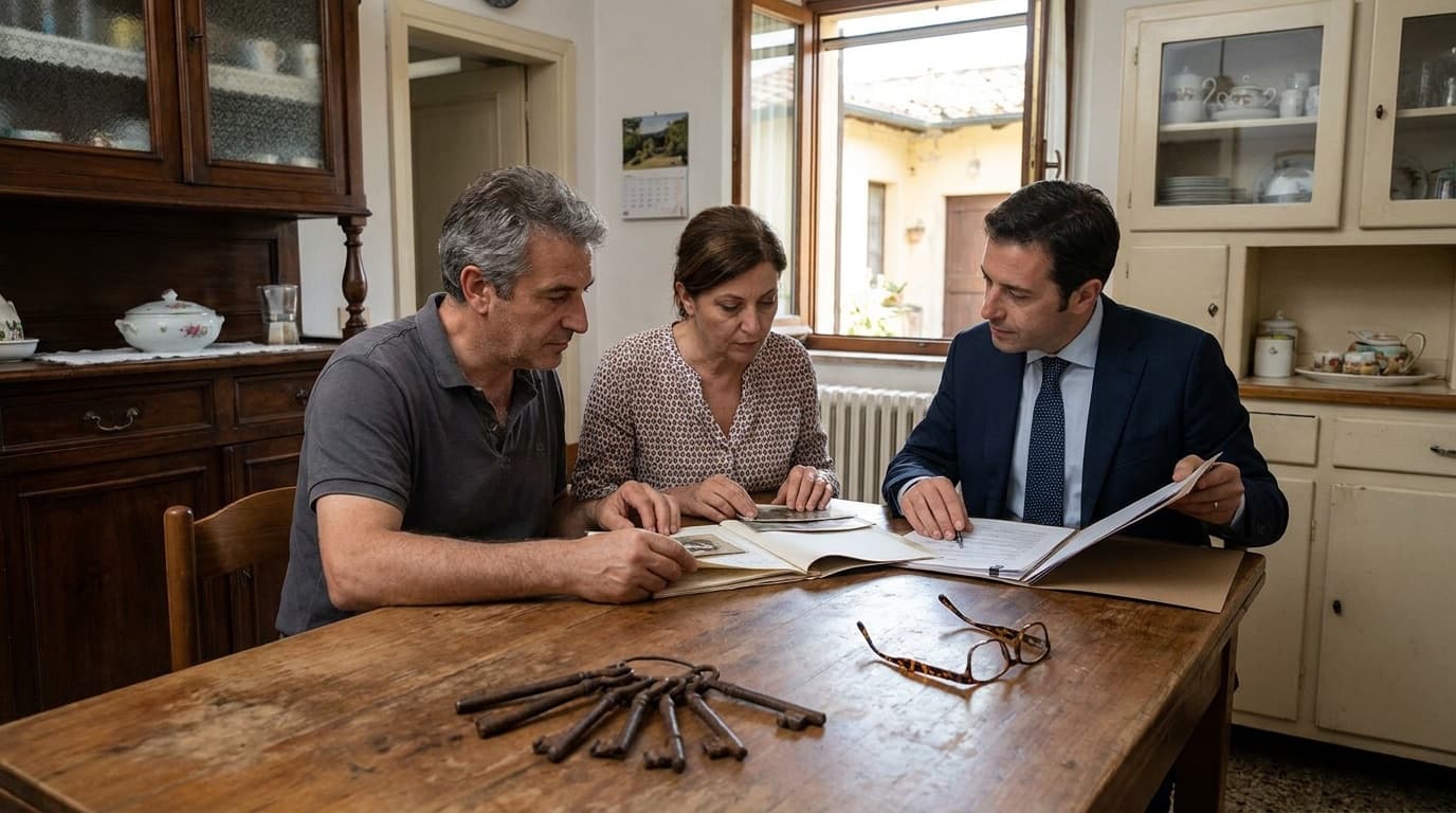 Fratello e sorella esaminano documenti di famiglia con un consulente al tavolo della casa dei genitori, con vecchie chiavi sul legno