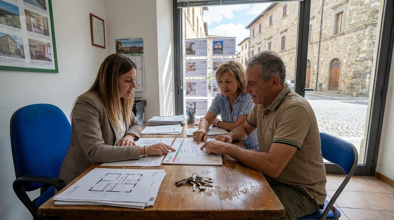 Agente immobiliare e coppia di venditori pianificano le date sul calendario in agenzia, con planimetrie e chiavi sul tavolo