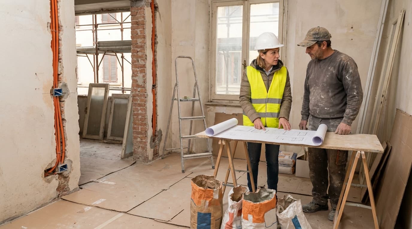 Direttrice dei lavori con casco bianco e gilet giallo discute i disegni con il capocantiere in un appartamento in ristrutturazione
