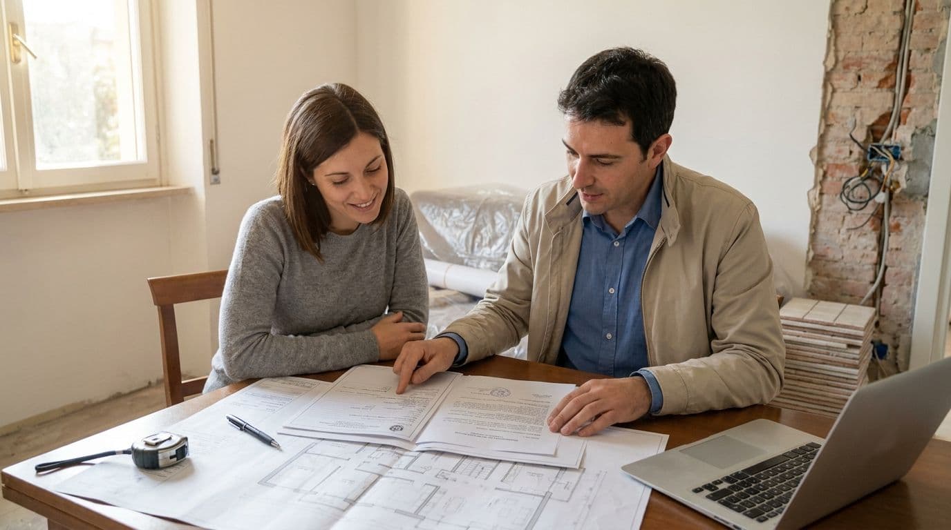 Tecnico e proprietaria esaminano planimetrie e documenti per capire cosa sanare, in una casa in ristrutturazione con i mattoni a vista