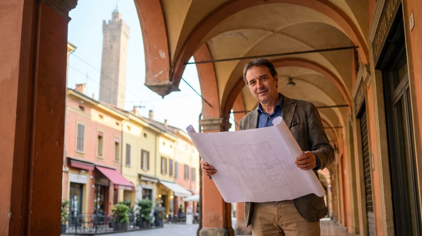 Geometra con planimetrie in mano davanti ai portici del centro storico di Bologna, Torre degli Asinelli sullo sfondo