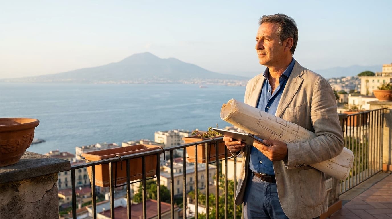 Geometra con planimetrie in mano su un terrazzo con vista sul golfo di Napoli e il Vesuvio sullo sfondo