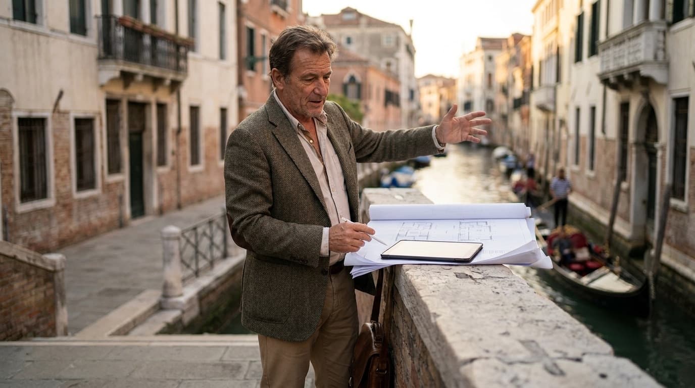 Geometra con documenti e planimetrie in mano davanti a un canale del centro storico di Venezia, palazzi sullo sfondo