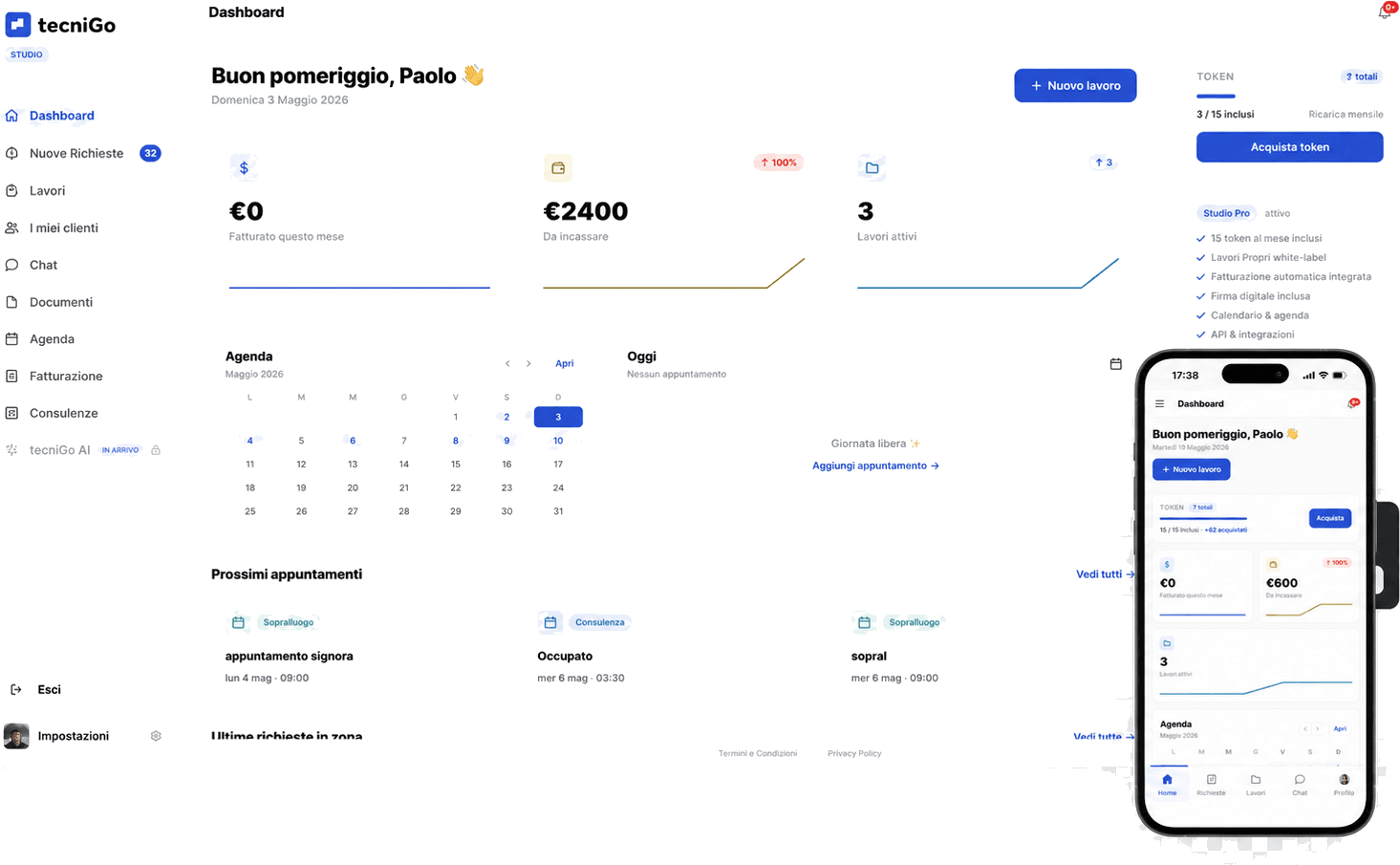 Gestionale MioTecnico per professionisti tecnici con dashboard desktop e app mobile per lavori, agenda, token e pagamenti