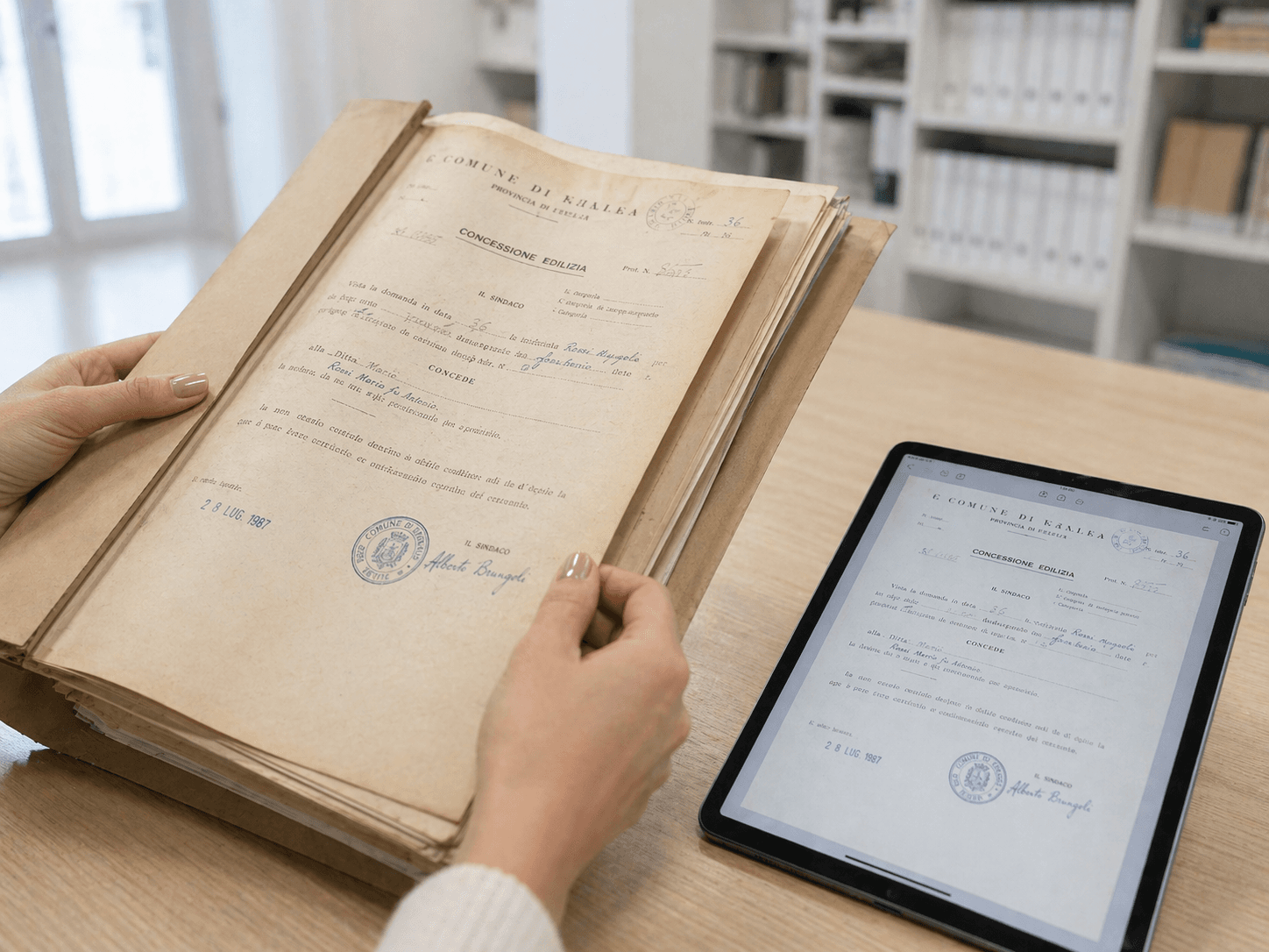 Tecnico abilitato consulta documenti edilizi storici in archivio Comune italiano