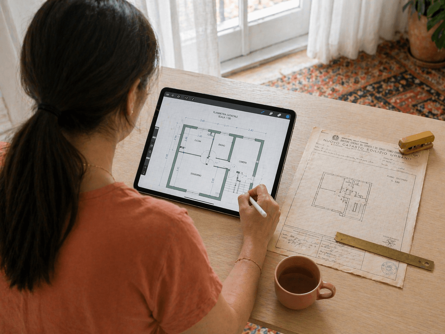 Geometra MioTecnico aggiorna planimetria su tablet per accorpamento catastale di unità immobiliari, con planimetria storica timbrata di confronto