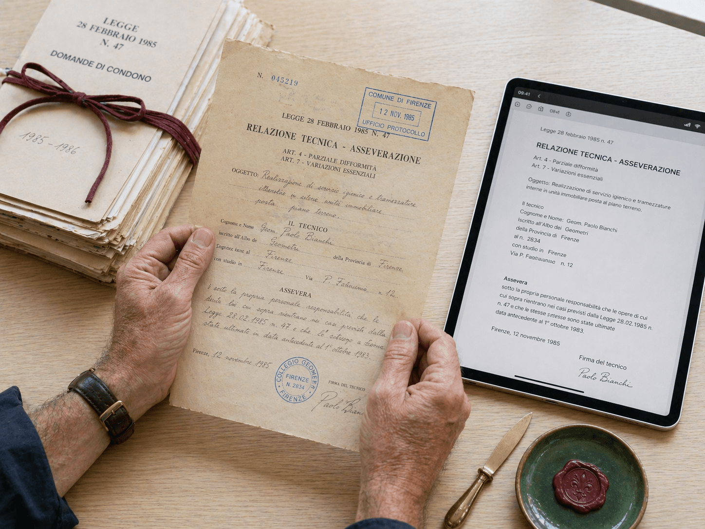 Tecnico abilitato studia vecchie pratiche di condono edilizio 1985 1994 2003 in archivio