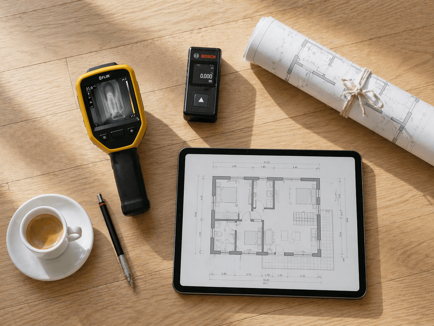 Strumenti del tecnico per il controllo base di un immobile: termocamera, telemetro laser, tablet con planimetria e tavole tecniche