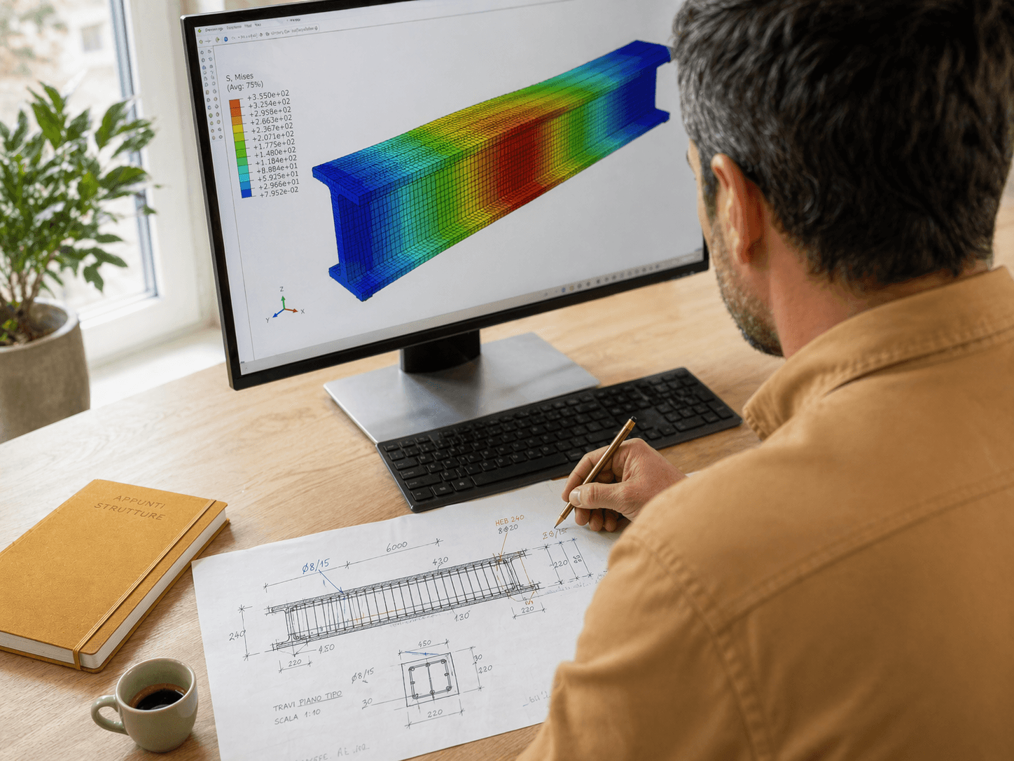 Ingegnere strutturista MioTecnico al PC con modello 3D e calcoli strutturali NTC 2018
