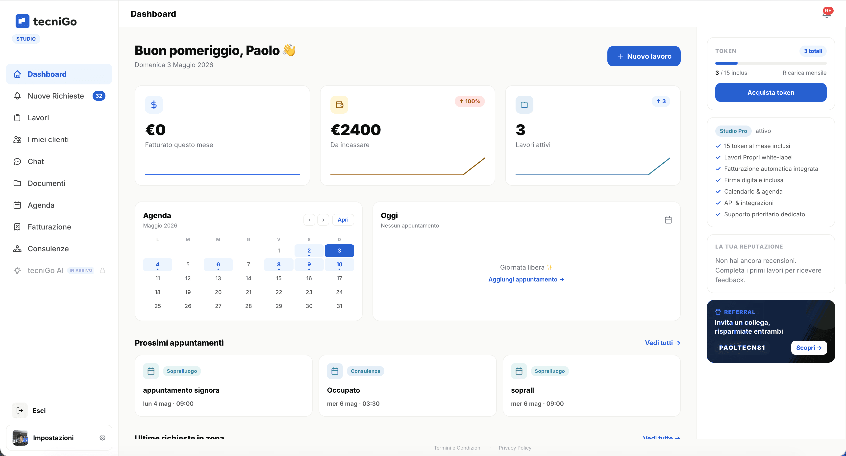 tecniGo Studio dashboard pagamenti e pratiche per studio tecnico