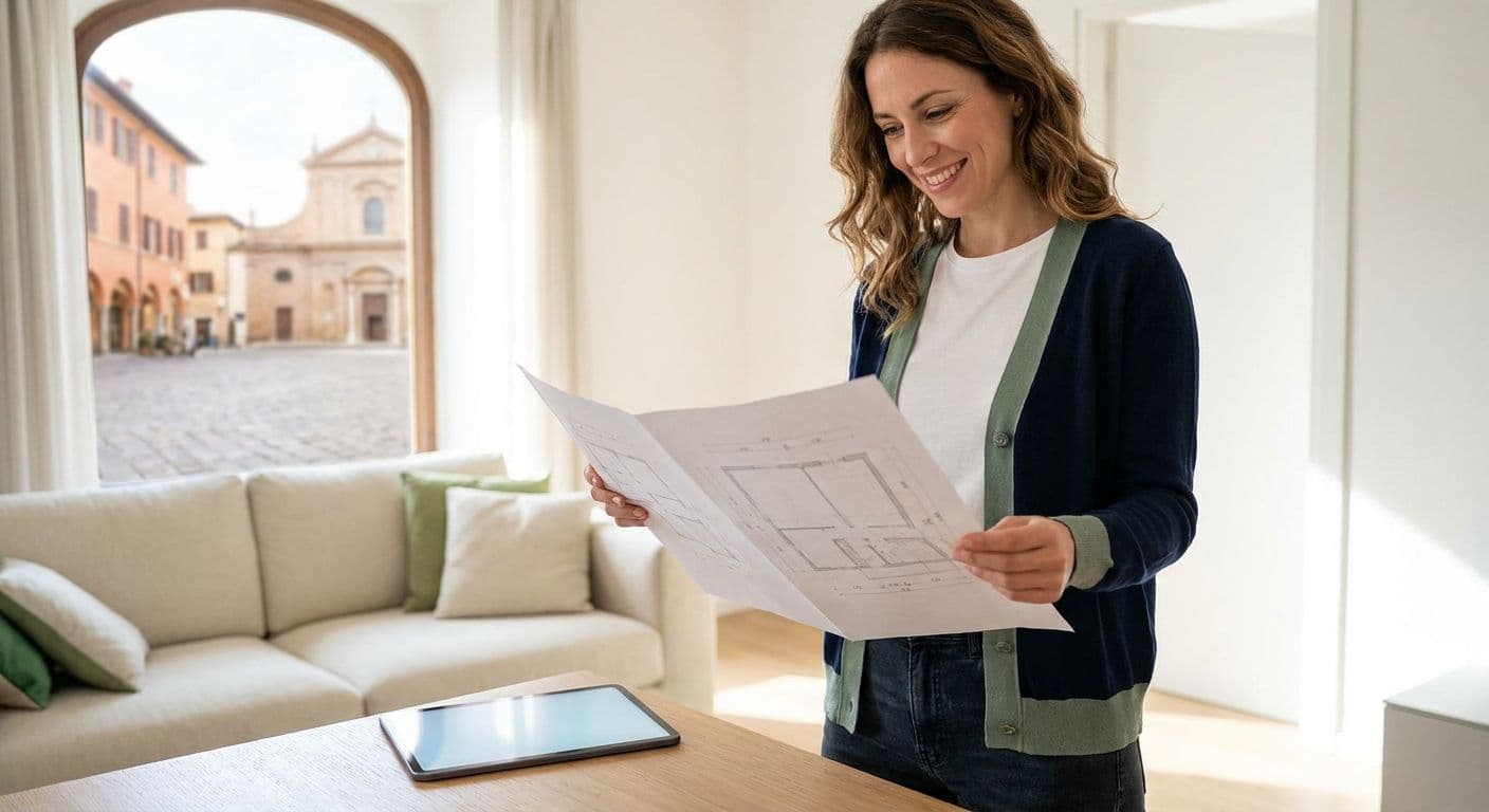 Proprietario sorridente controlla la planimetria catastale su un tablet prima di vendere casa a Lodi