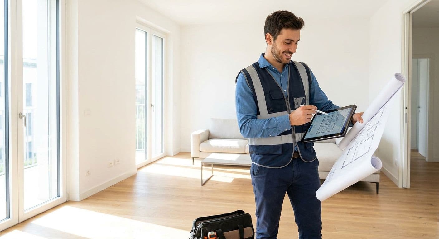 Geometra confronta la planimetria catastale con lo stato reale di un appartamento durante un sopralluogo