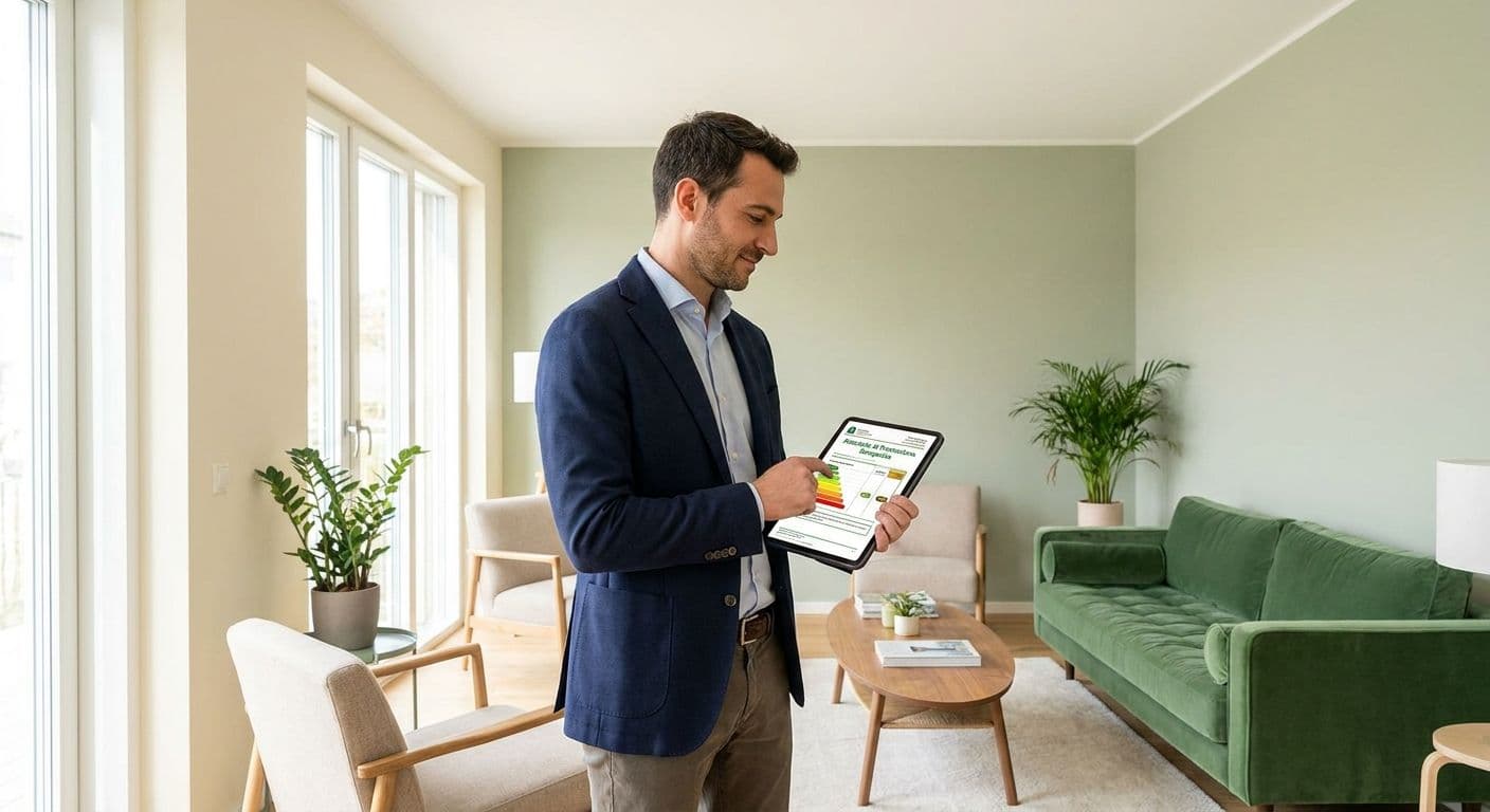 Geometra controlla l'Attestato di Prestazione Energetica su un tablet in un appartamento in vendita