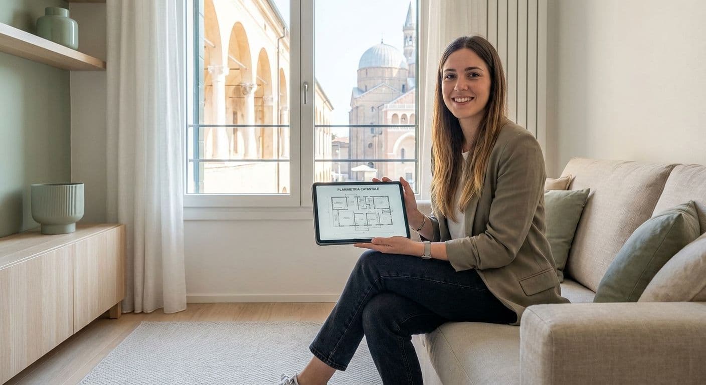 Giovane proprietaria sorride mostrando su un tablet la planimetria catastale del suo appartamento, con i portici e le cupole della Basilica di Sant'Antonio di Padova visibili dalla finestra