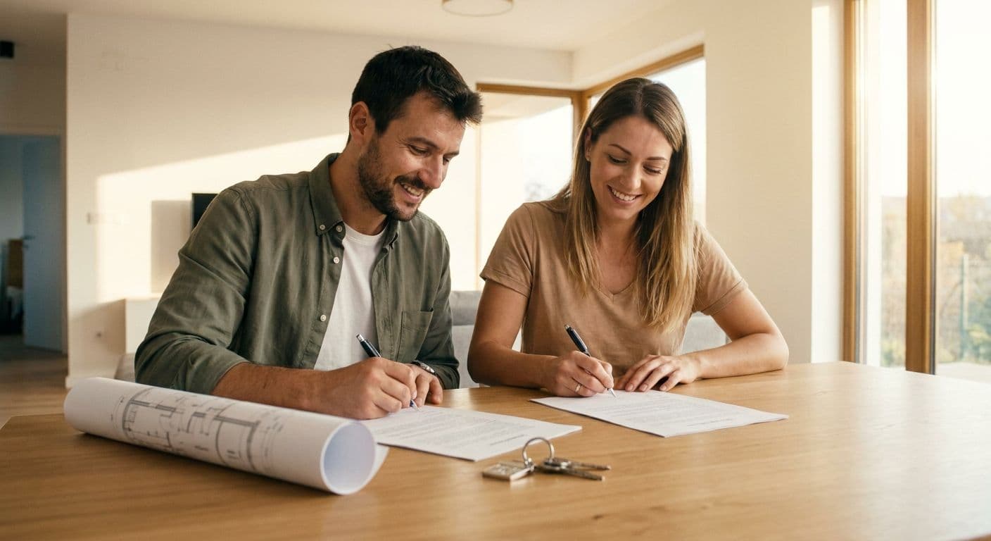 Coppia giovane e sorridente firma i documenti per la vendita di casa, con planimetria e chiavi sul tavolo