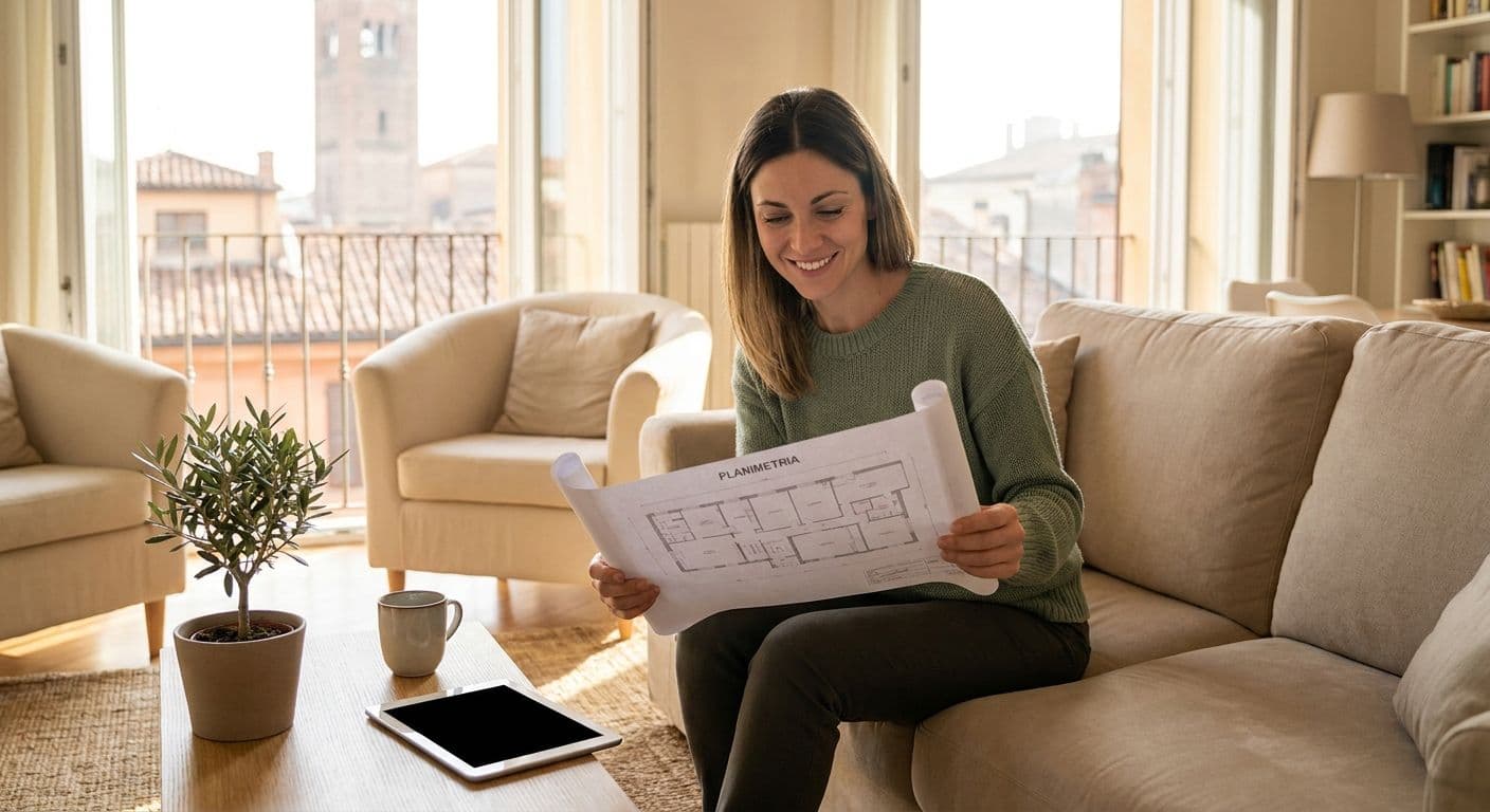 Proprietario sorridente controlla la planimetria catastale su un tablet prima di vendere casa a Pavia