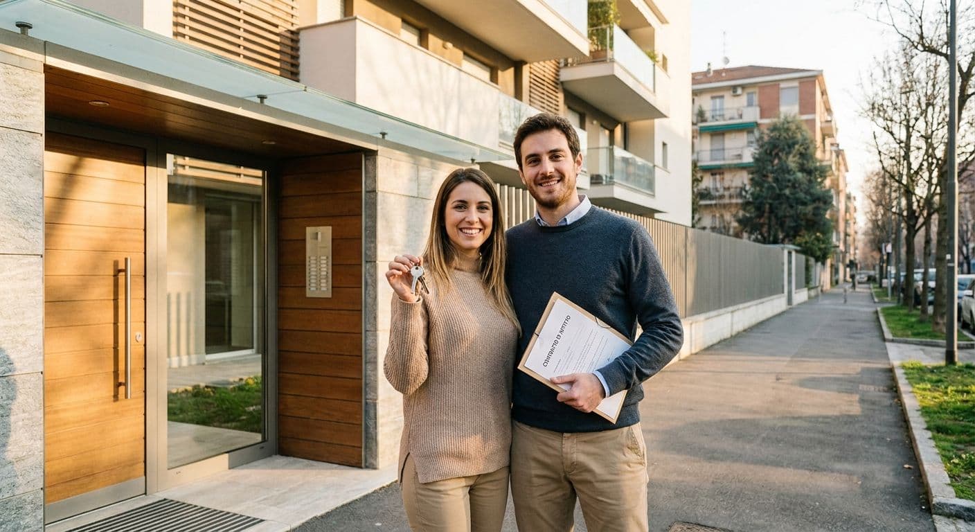 Giovane coppia sorridente con le chiavi e il contratto d'affitto davanti al portone di un condominio residenziale, simbolo del Piano Casa 2026