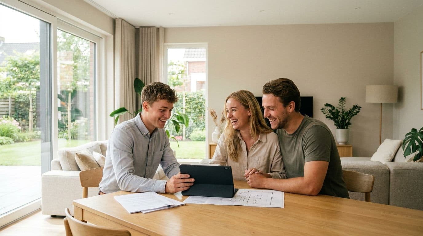 Geometra mostra planimetria catastale e documenti su un tablet a una coppia di proprietari prima della vendita di casa