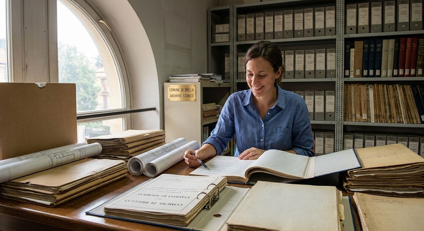 Tecnico sorridente consulta pratiche edilizie e documenti d'archivio negli uffici comunali di Biella