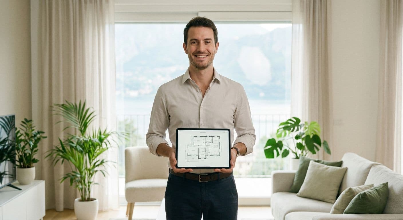 Giovane proprietario sorridente mostra su un tablet la planimetria catastale del suo appartamento, con il lago di Lecco e le montagne prealpine visibili dalla finestra sullo sfondo