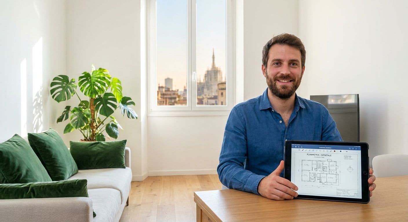 Uomo giovane e sorridente mostra su un tablet la planimetria catastale del suo appartamento, con lo skyline di Milano e il Duomo visibili dalla finestra