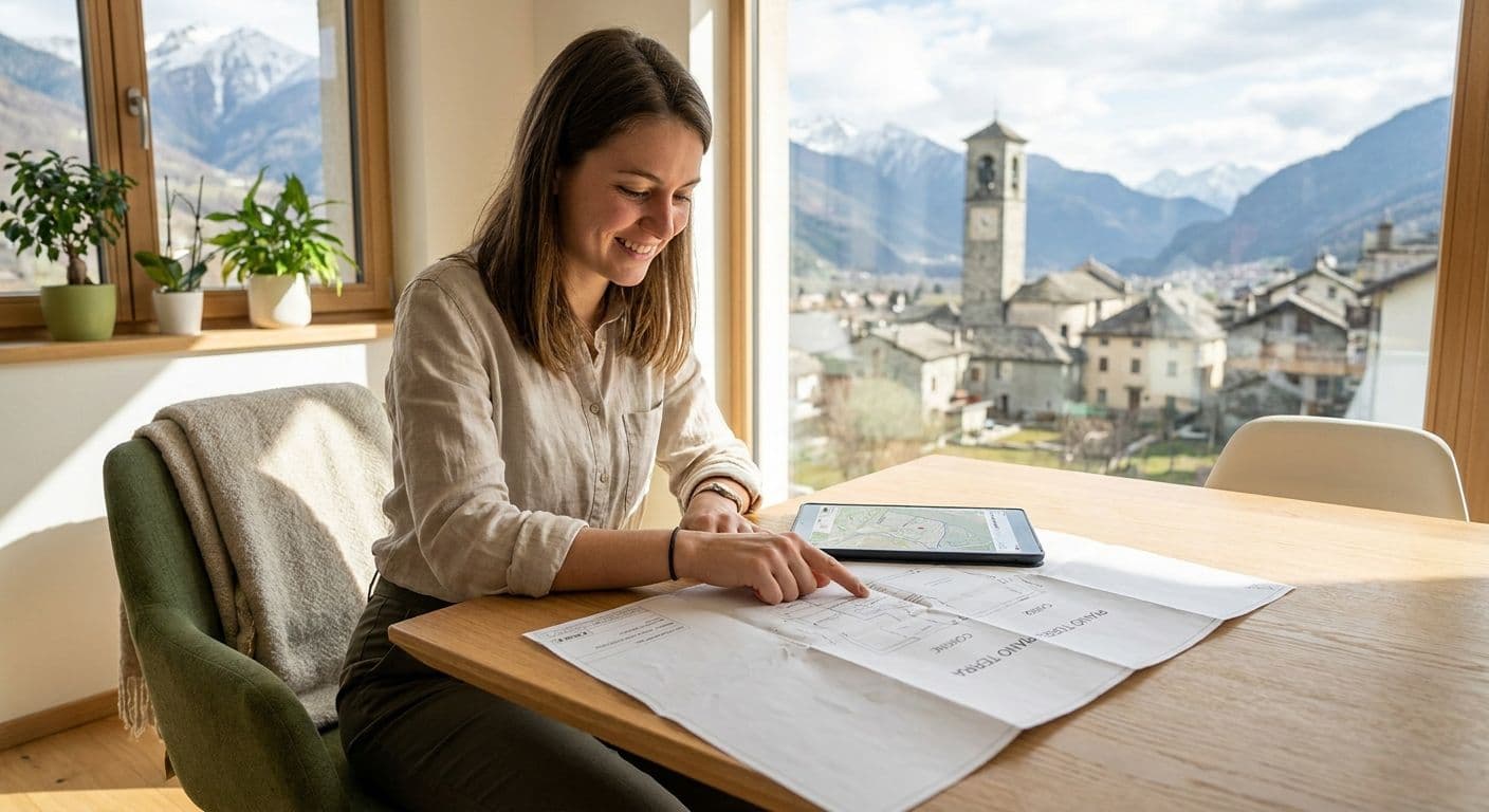 Giovane proprietaria sorridente mostra una planimetria catastale su un tavolo luminoso, con le montagne innevate della Valtellina e un campanile visibili dalla finestra a Sondrio