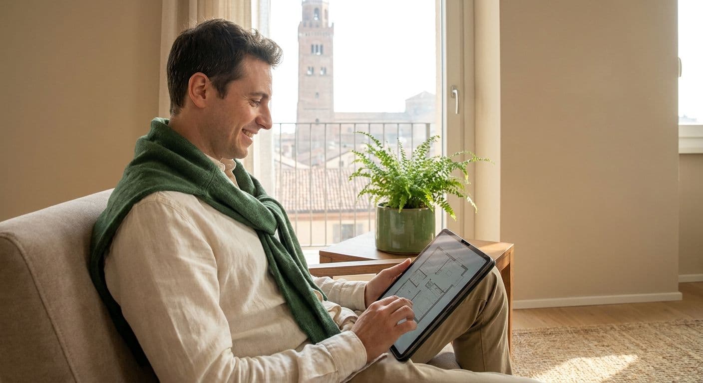 Tecnico giovane e sorridente controlla la planimetria catastale su un tablet in un salotto luminoso, con il Torrazzo di Cremona visibile dalla finestra