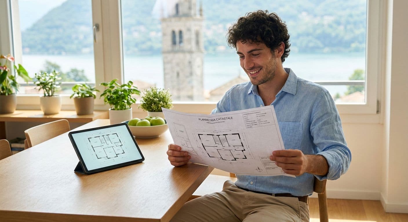 Proprietario controlla la planimetria catastale prima di vendere casa a Como, con il lago e il Duomo sullo sfondo
